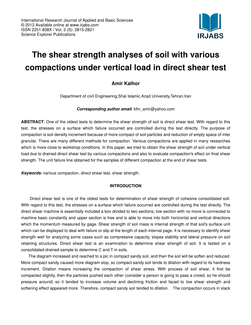 The Shear Strength Analyses of Soil with Various Compactions Under Vertical Load in Direct Shear Test