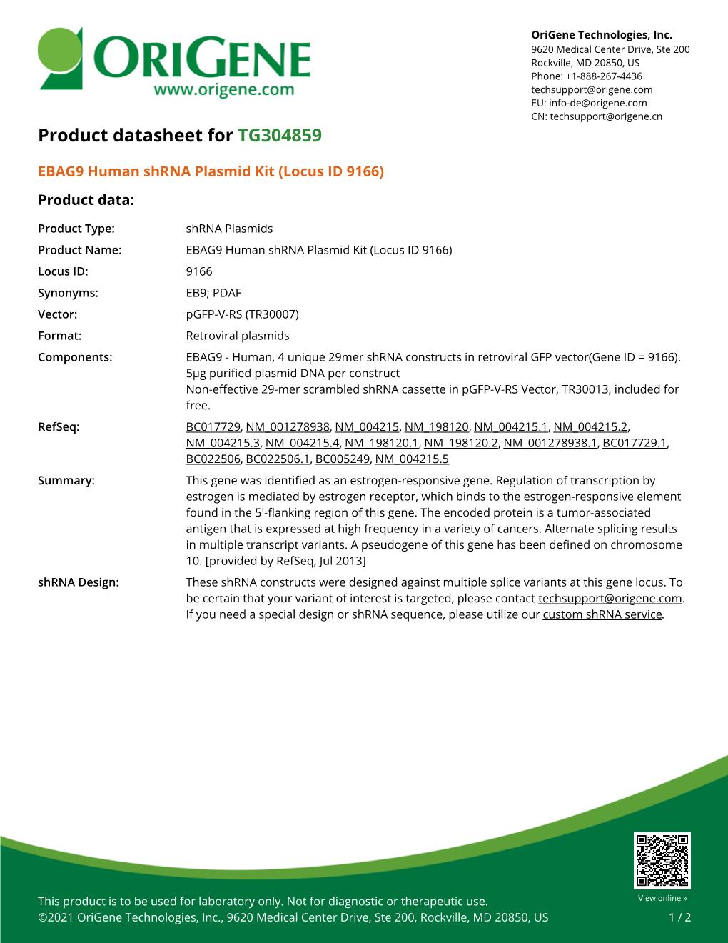 EBAG9 Human Shrna Plasmid Kit (Locus ID 9166) Product Data