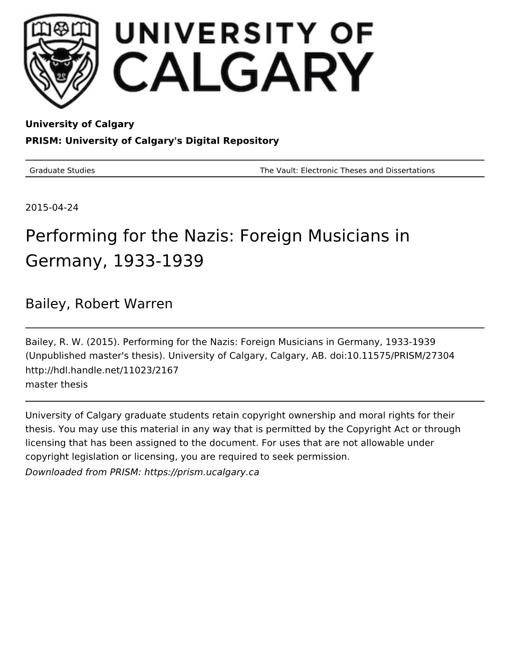 Performing for the Nazis: Foreign Musicians in Germany, 1933-1939