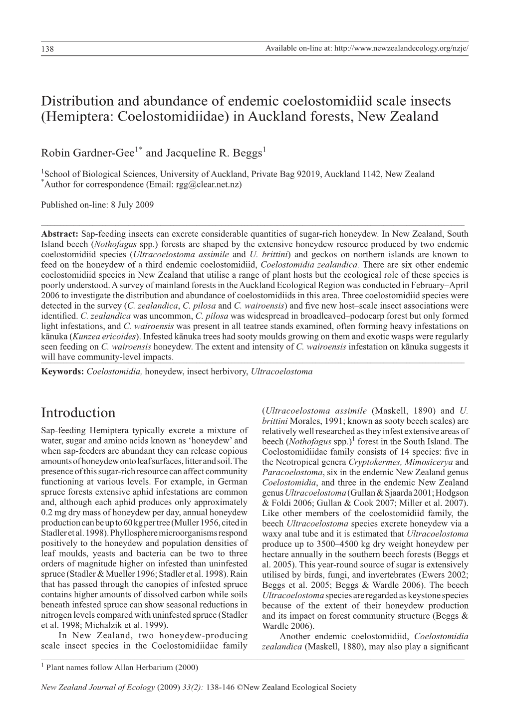 Distribution and Abundance of Endemic Coelostomidiid Scale Insects (Hemiptera: Coelostomidiidae) in Auckland Forests, New Zealand