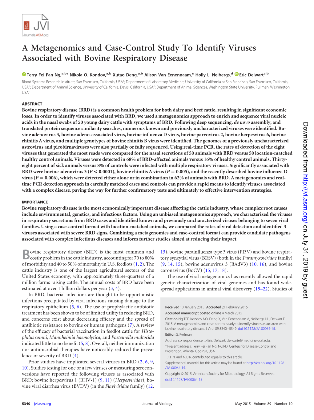 A Metagenomics and Case-Control Study to Identify Viruses Associated with Bovine Respiratory Disease