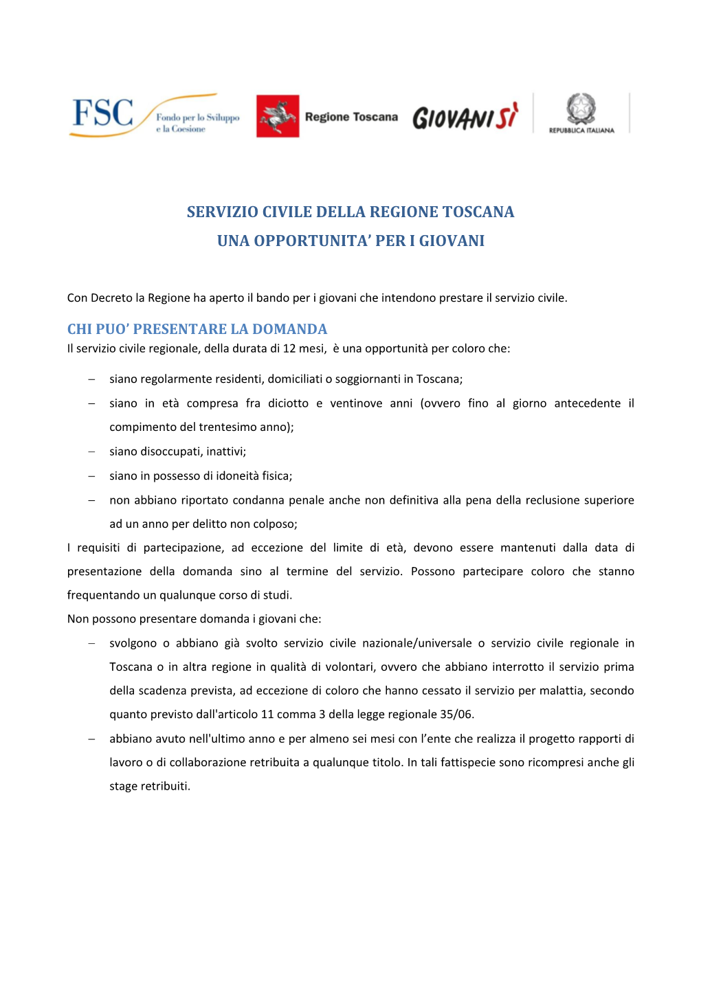 Servizio Civile Della Regione Toscana Una Opportunita’ Per I Giovani