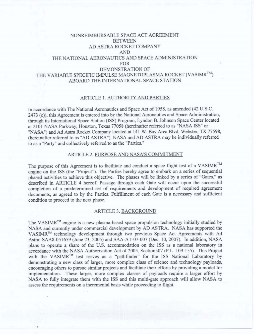 Nonreimbursable Space Act Agreement Between Ad Astra