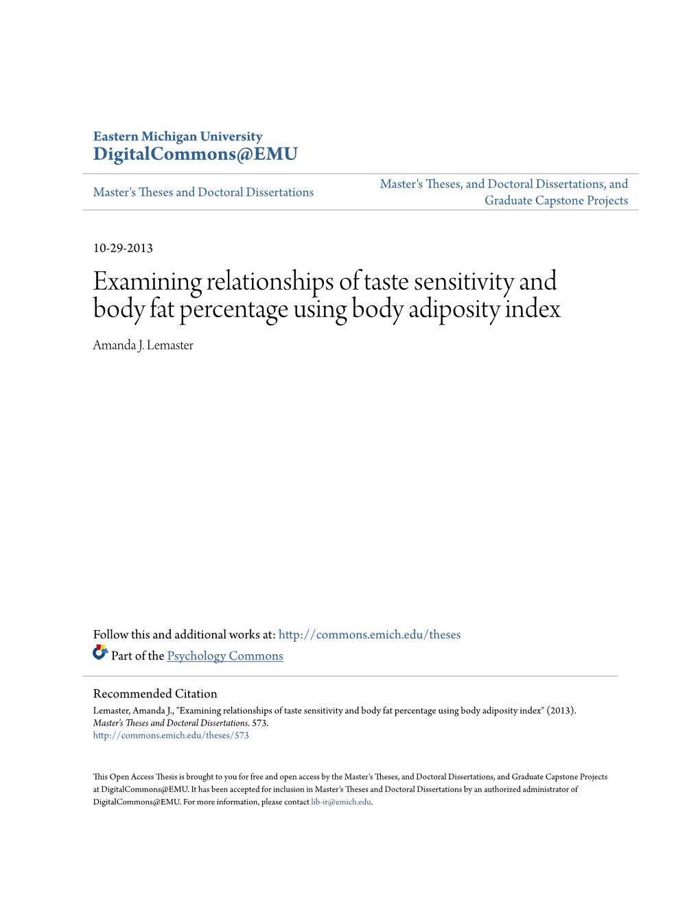 Examining Relationships of Taste Sensitivity and Body Fat Percentage Using Body Adiposity Index Amanda J
