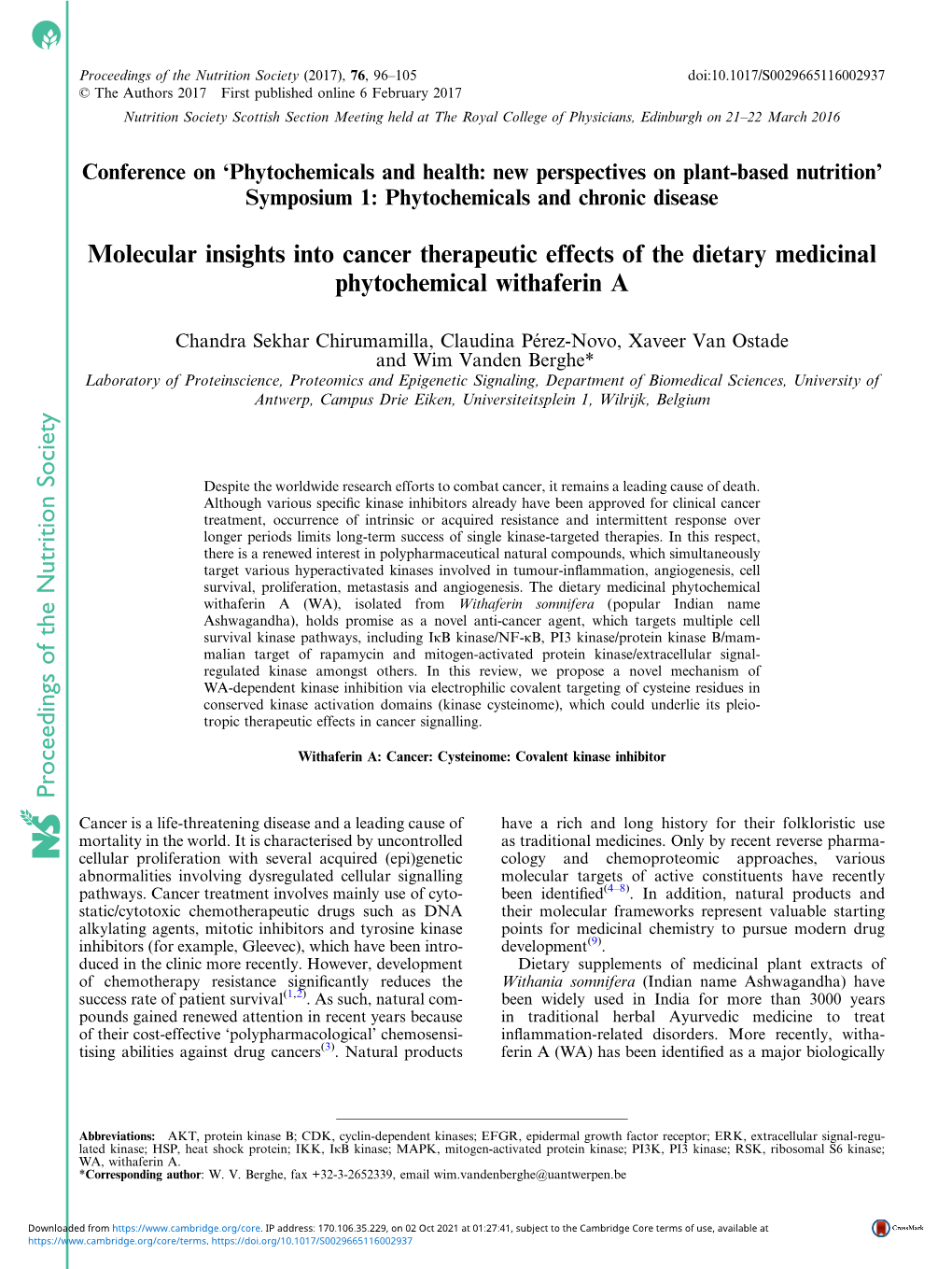 Molecular Insights Into Cancer Therapeutic Effects of the Dietary Medicinal Phytochemical Withaferin A