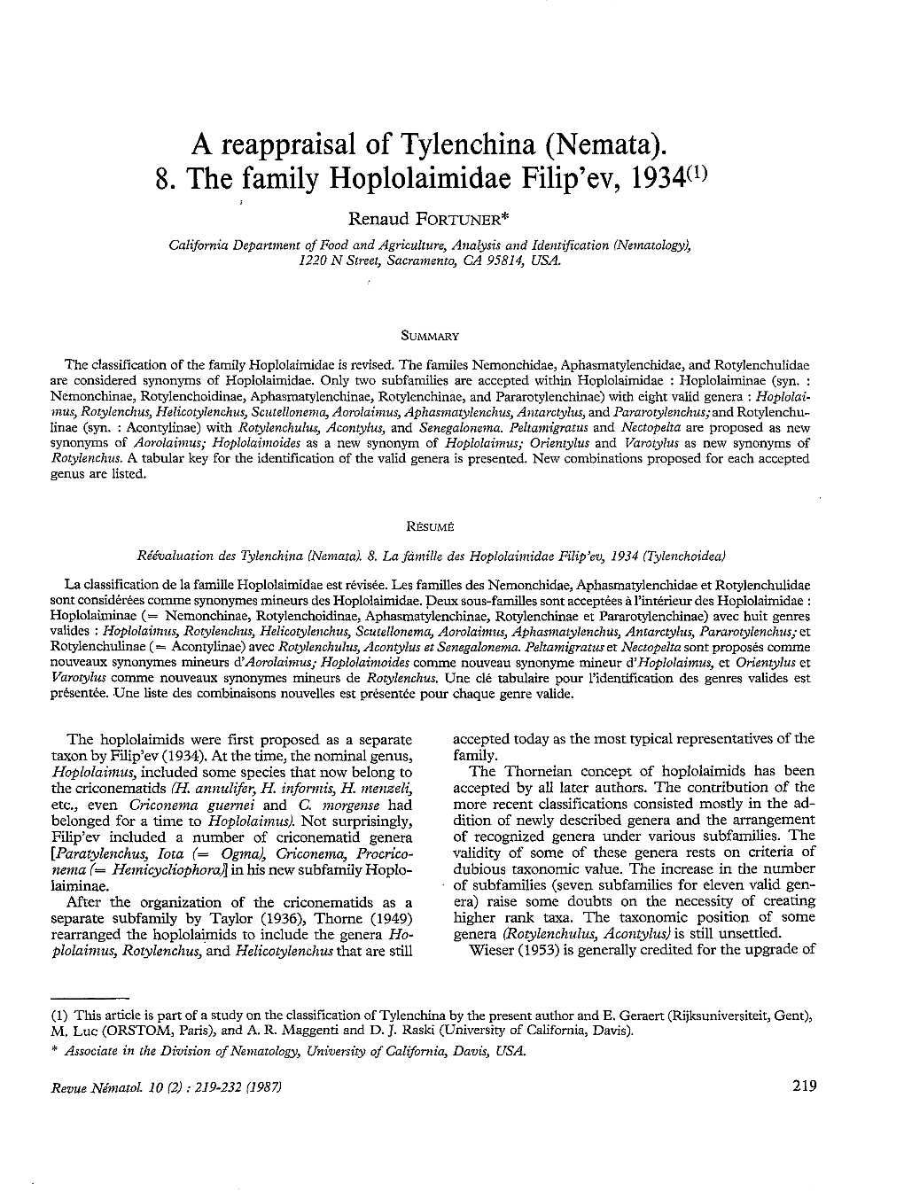 A Reappraisal of Tylenchina (Nemata) : 8. the Family Hoplolaimidae Filip