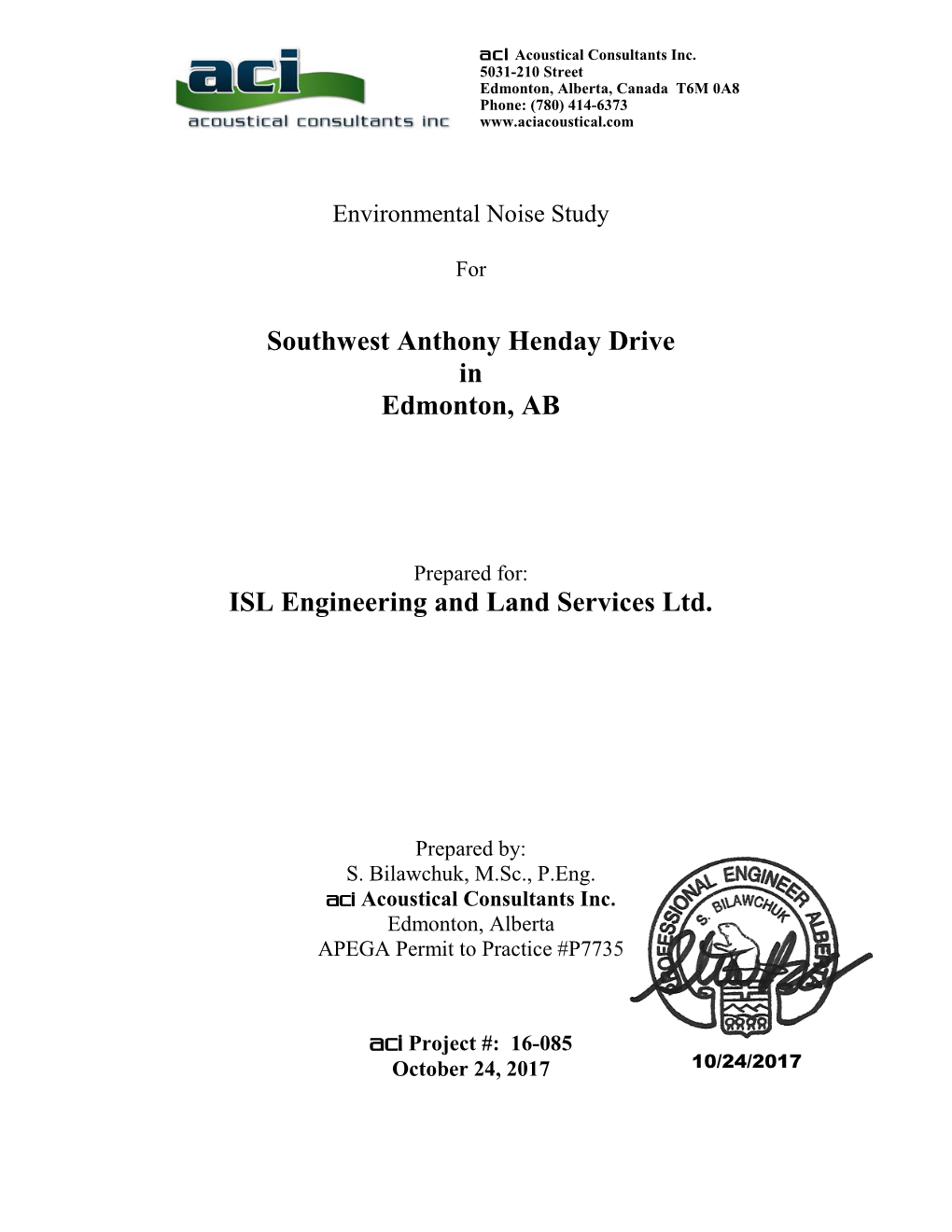 Environmental Noise Study for Southwest Anthony Henday Drive in Edmonton, AB