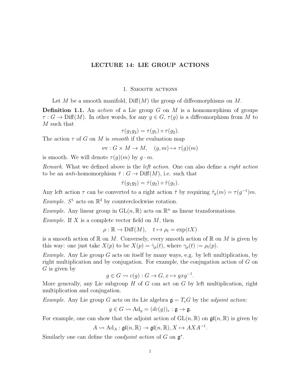 LIE GROUP ACTIONS 1. Smooth Actions Let M Be a Smooth Manifold
