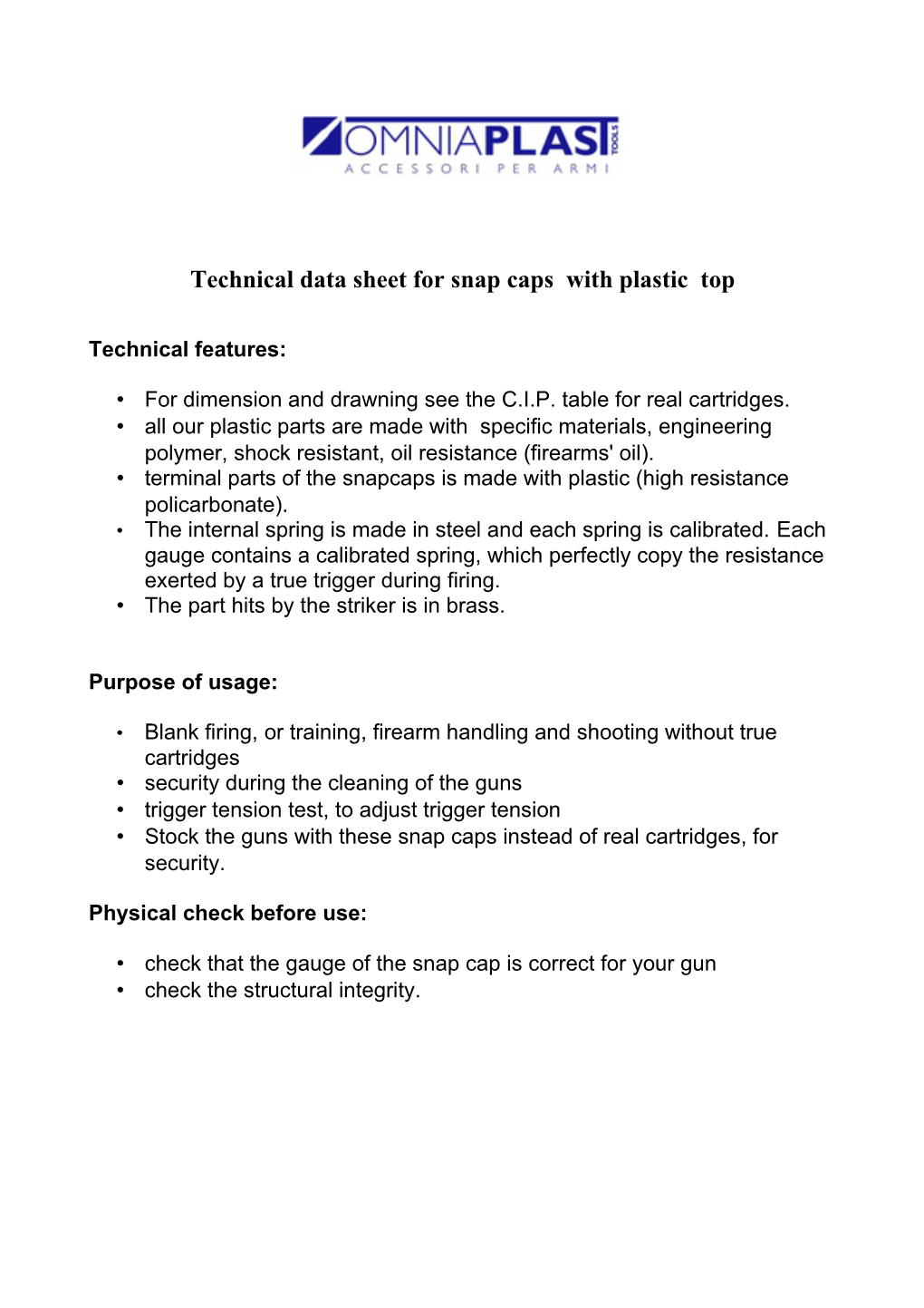 Technical Data Sheet for Snap Caps with Plastic Top