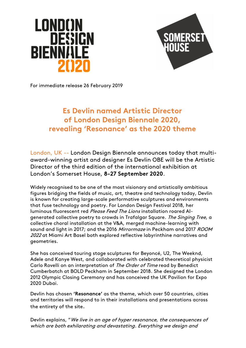 Es Devlin Named Artistic Director of London Design Biennale 2020, Revealing ‘Resonance’ As the 2020 Theme