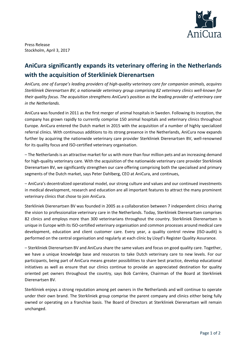 Anicura Significantly Expands Its Veterinary Offering in The