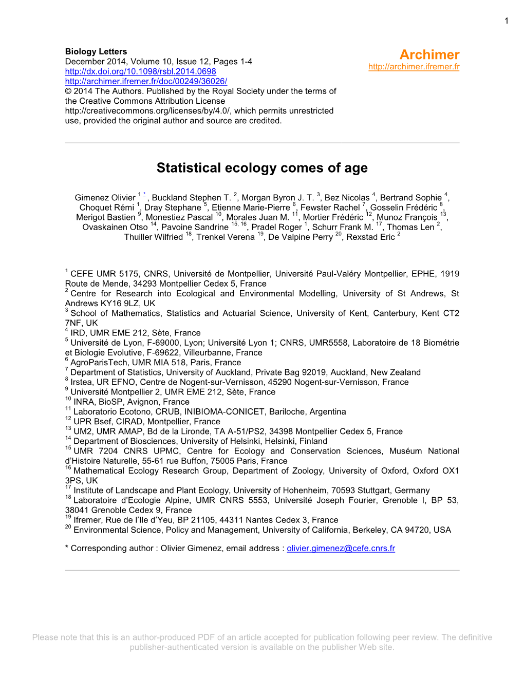 Statistical Ecology Comes of Age