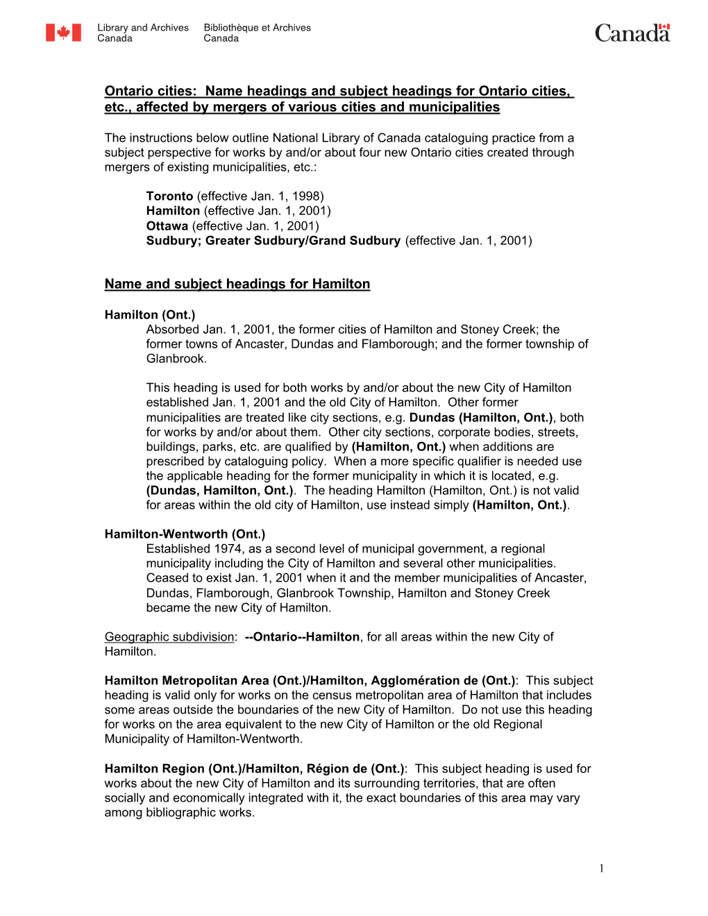 Name Headings and Subject Headings for Ontario Cities, Etc., Affected by Mergers of Various Cities and Municipalities