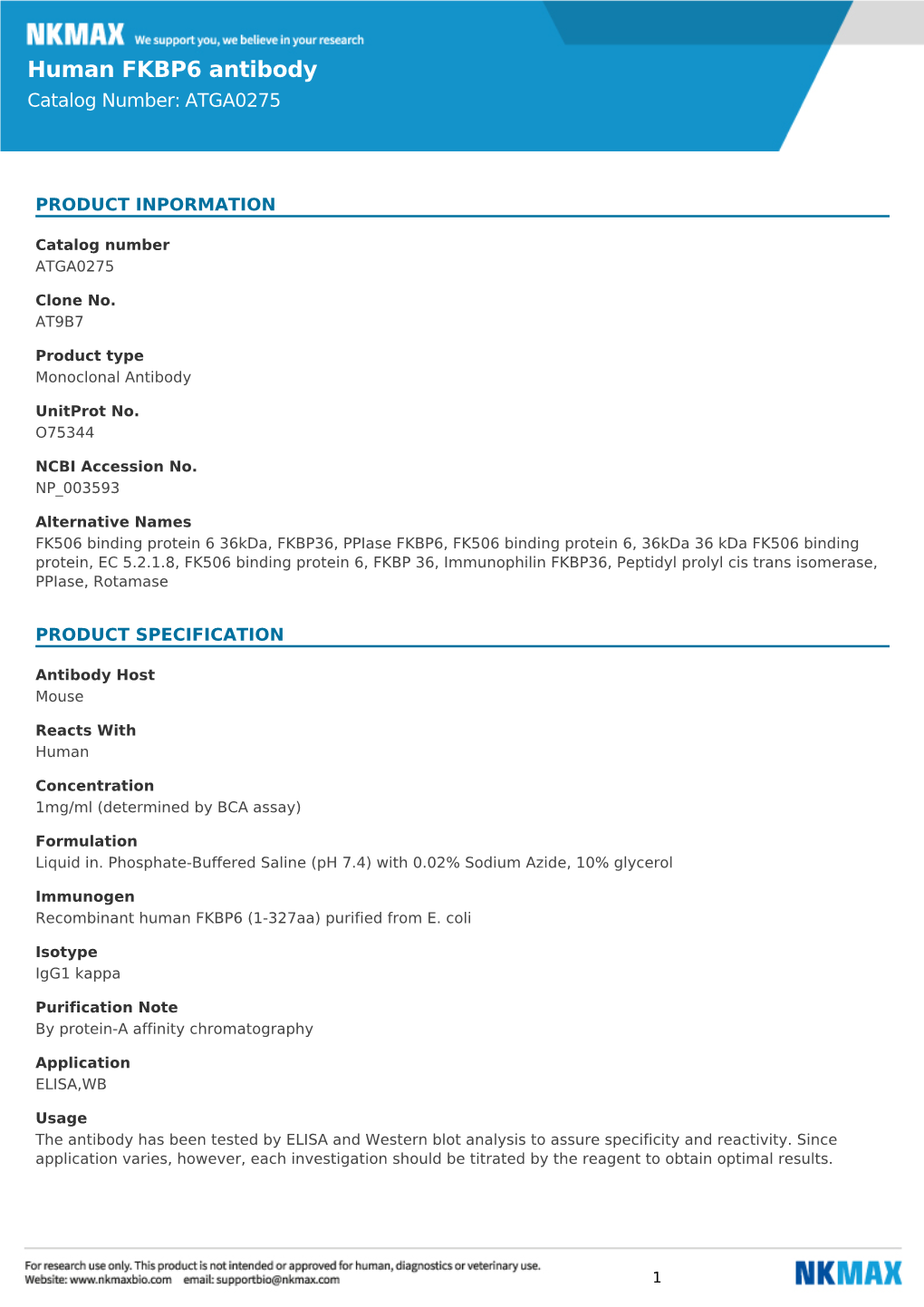 Human FKBP6 Antibody Catalog Number: ATGA0275