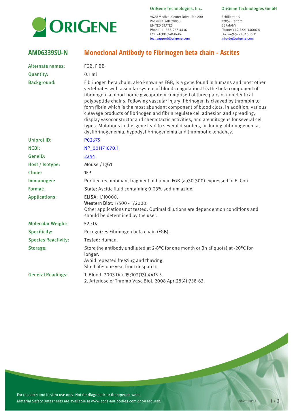 Monoclonal Antibody to Fibrinogen Beta Chain - Ascites