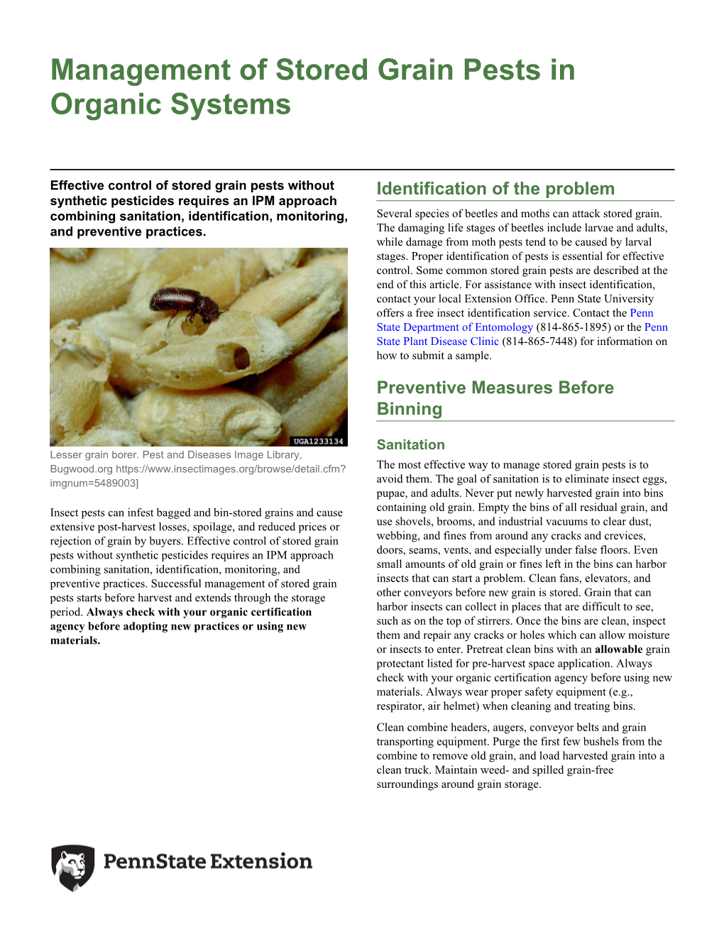 Management of Stored Grain Pests in Organic Systems