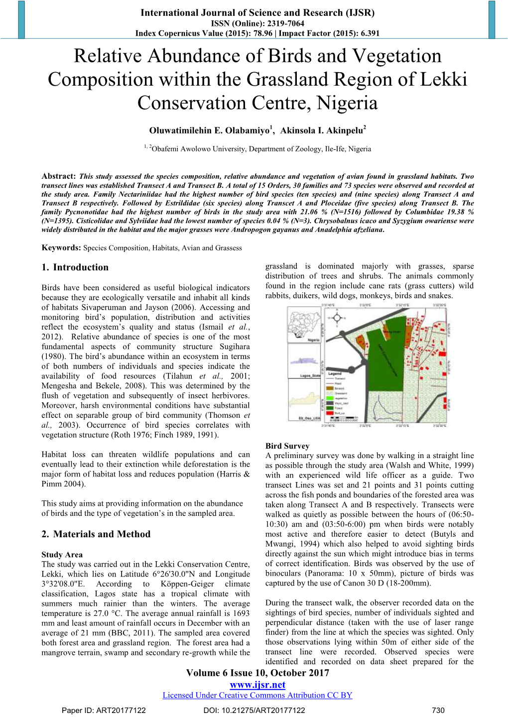 Relative Abundance of Birds and Vegetation Composition Within the Grassland Region of Lekki Conservation Centre, Nigeria