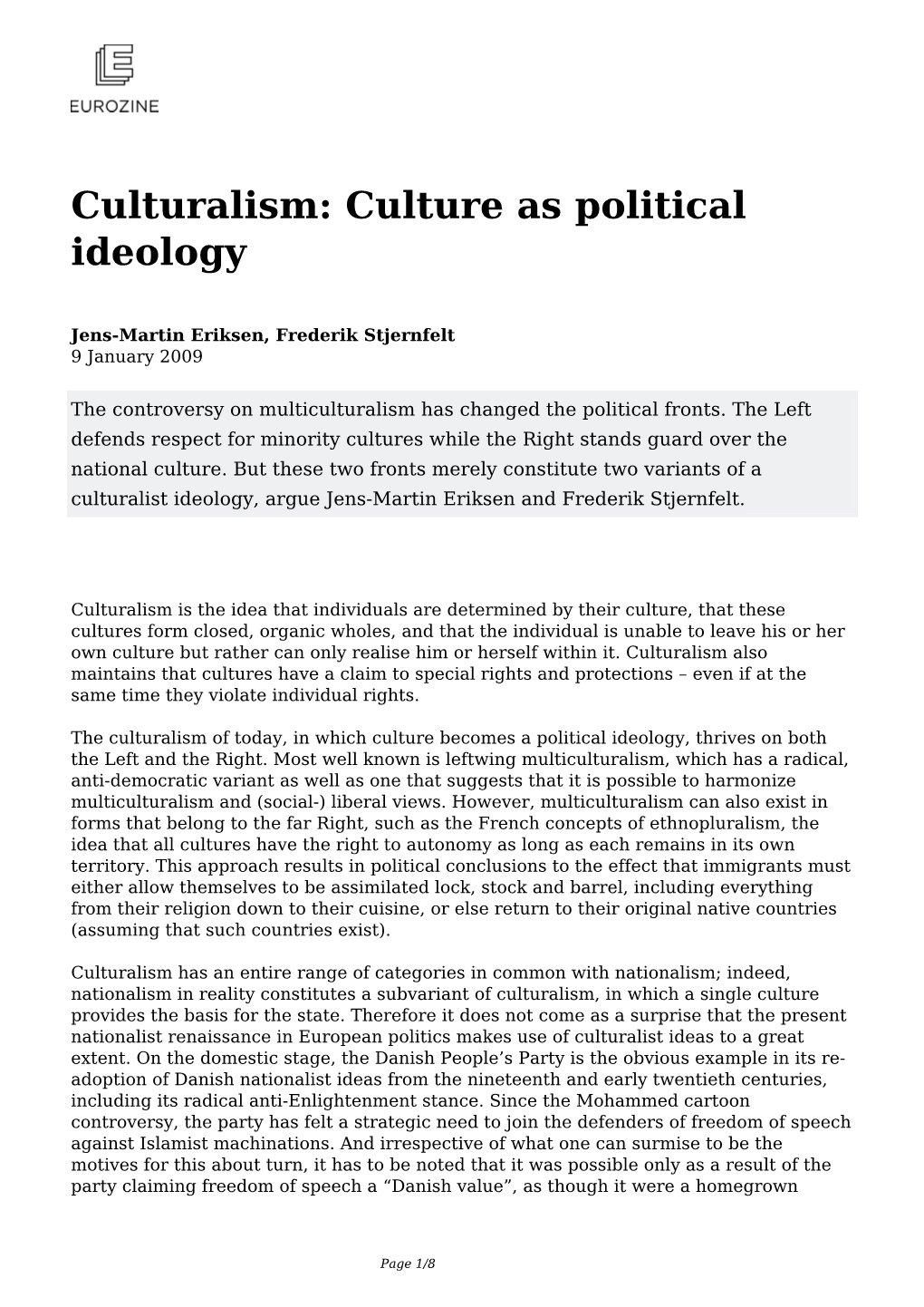 Culturalism: Culture As Political Ideology