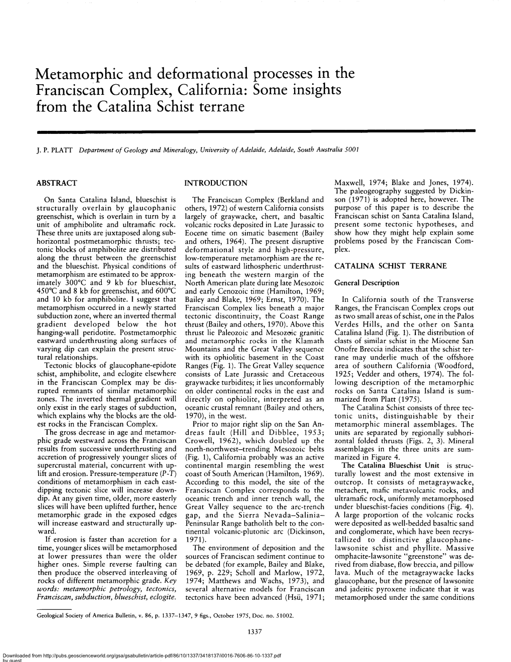 Metamorphic and Deformational Processes in the Franciscan Complex, California: Some Insights from the Catalina Schist Terrane