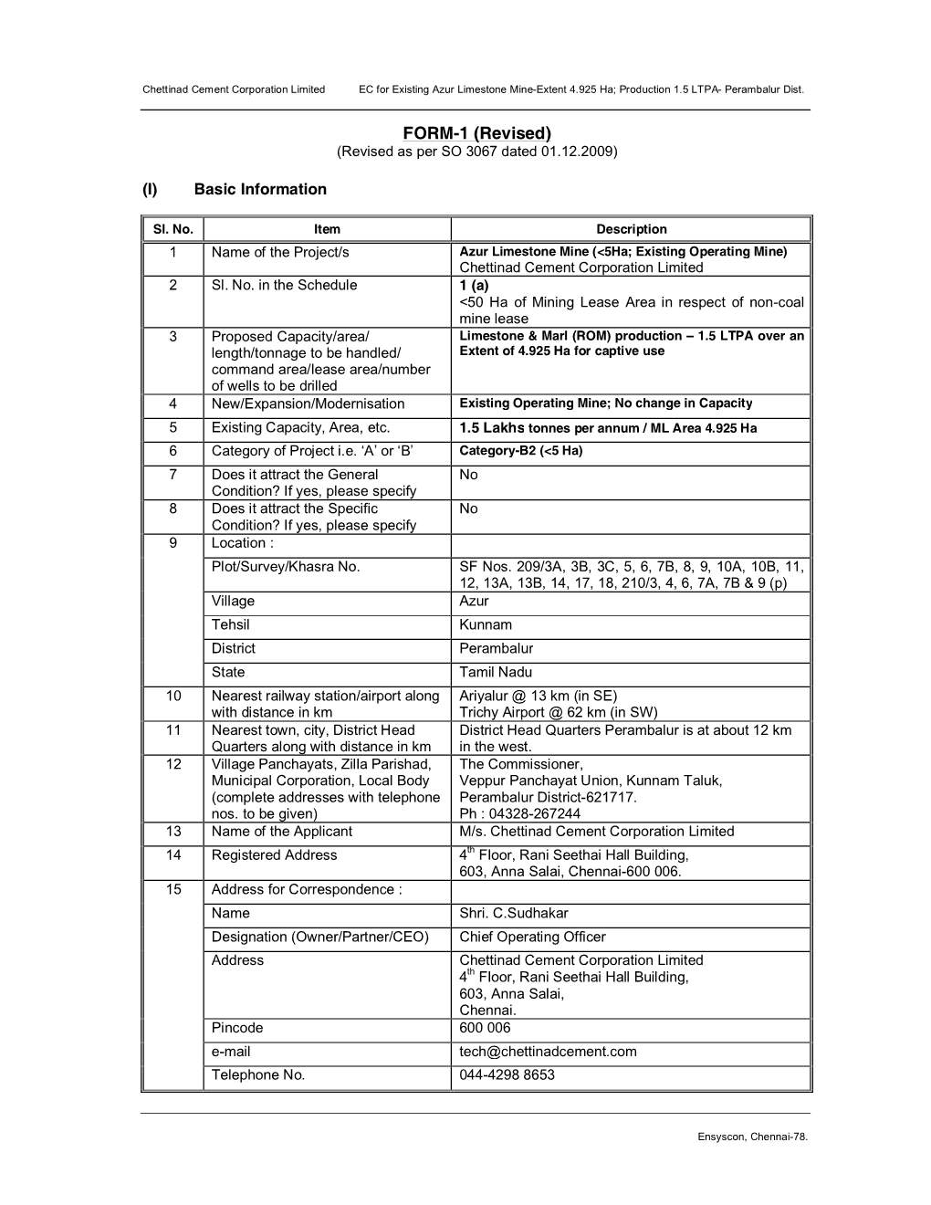 FORM-1 (Revised) (Revised As Per SO 3067 Dated 01.12.2009)