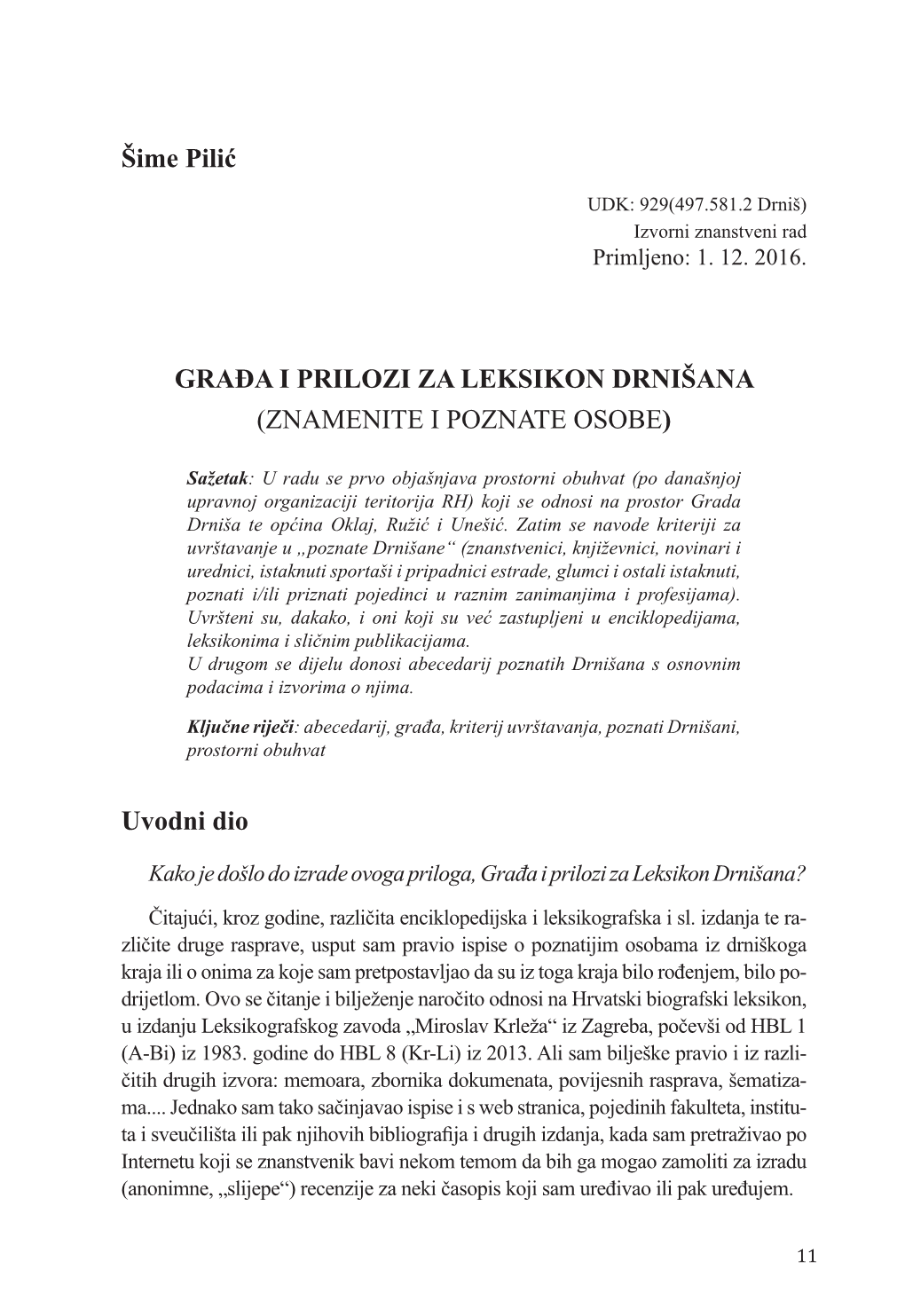 Šime Pilić GRAĐA I PRILOZI ZA LEKSIKON DRNIŠANA