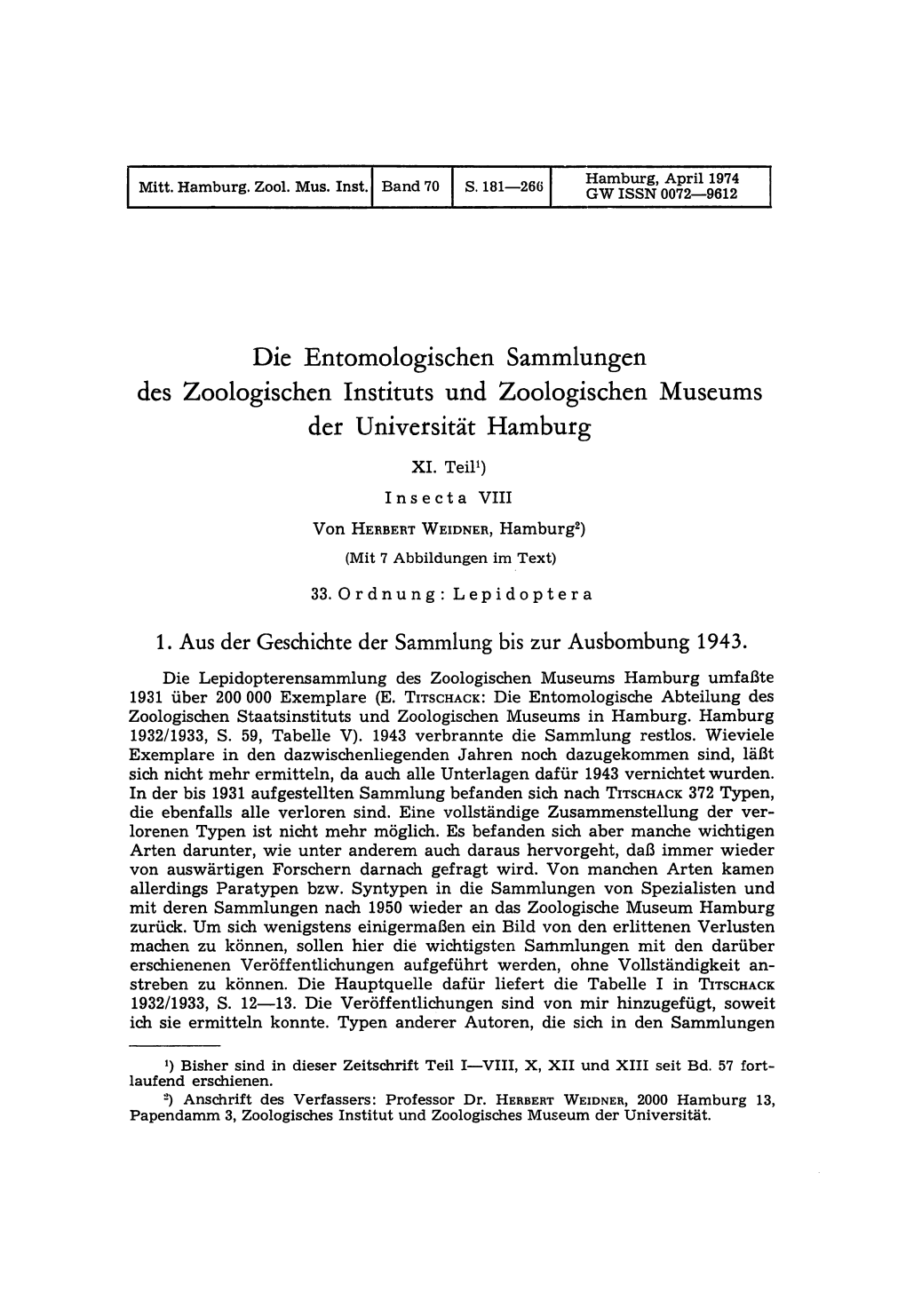Die Entomologischen Sammlungen Des Zoologischen Instituts Und Zoologischen Museums Der Universität Hamburg