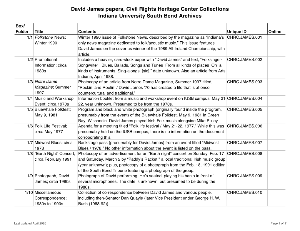 David James Papers, Civil Rights Heritage Center Collections Indiana University South Bend Archives