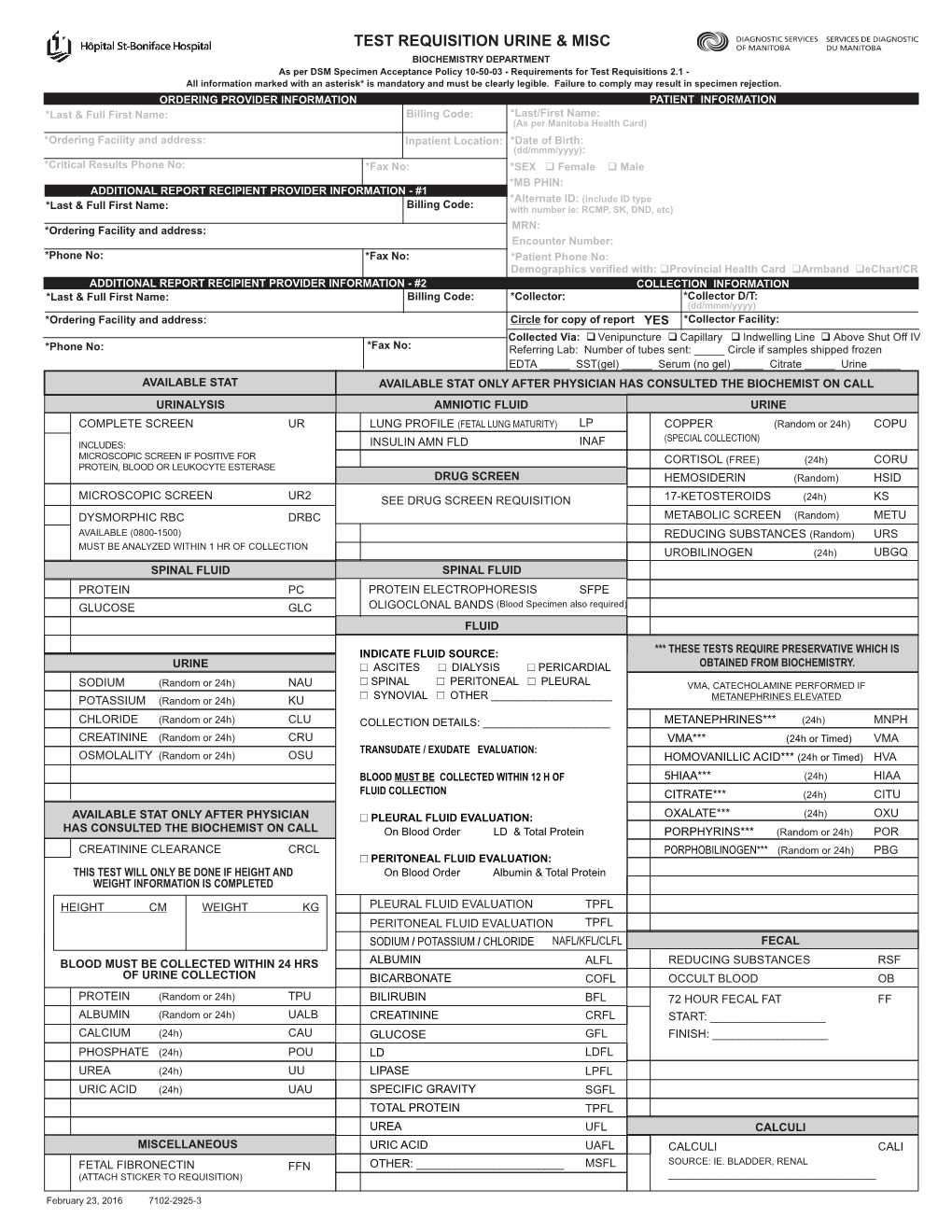 Biochemistry Test Requisition Urine & Misc 7102-2925-3.Cdr