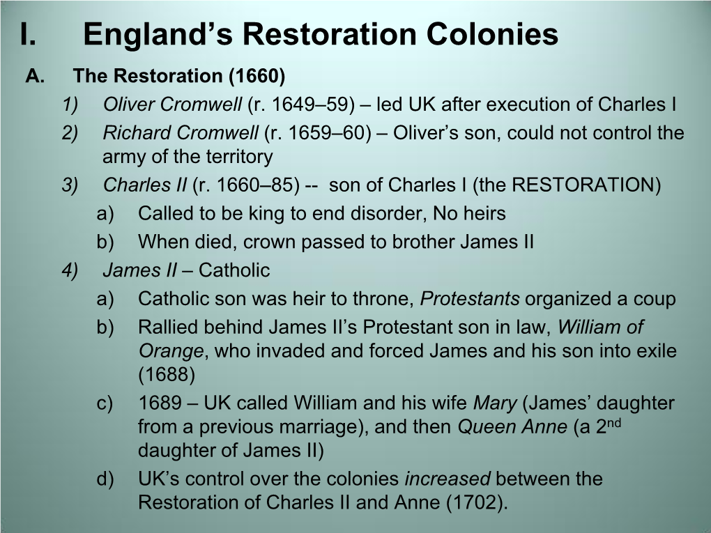 England's Restoration Colonies