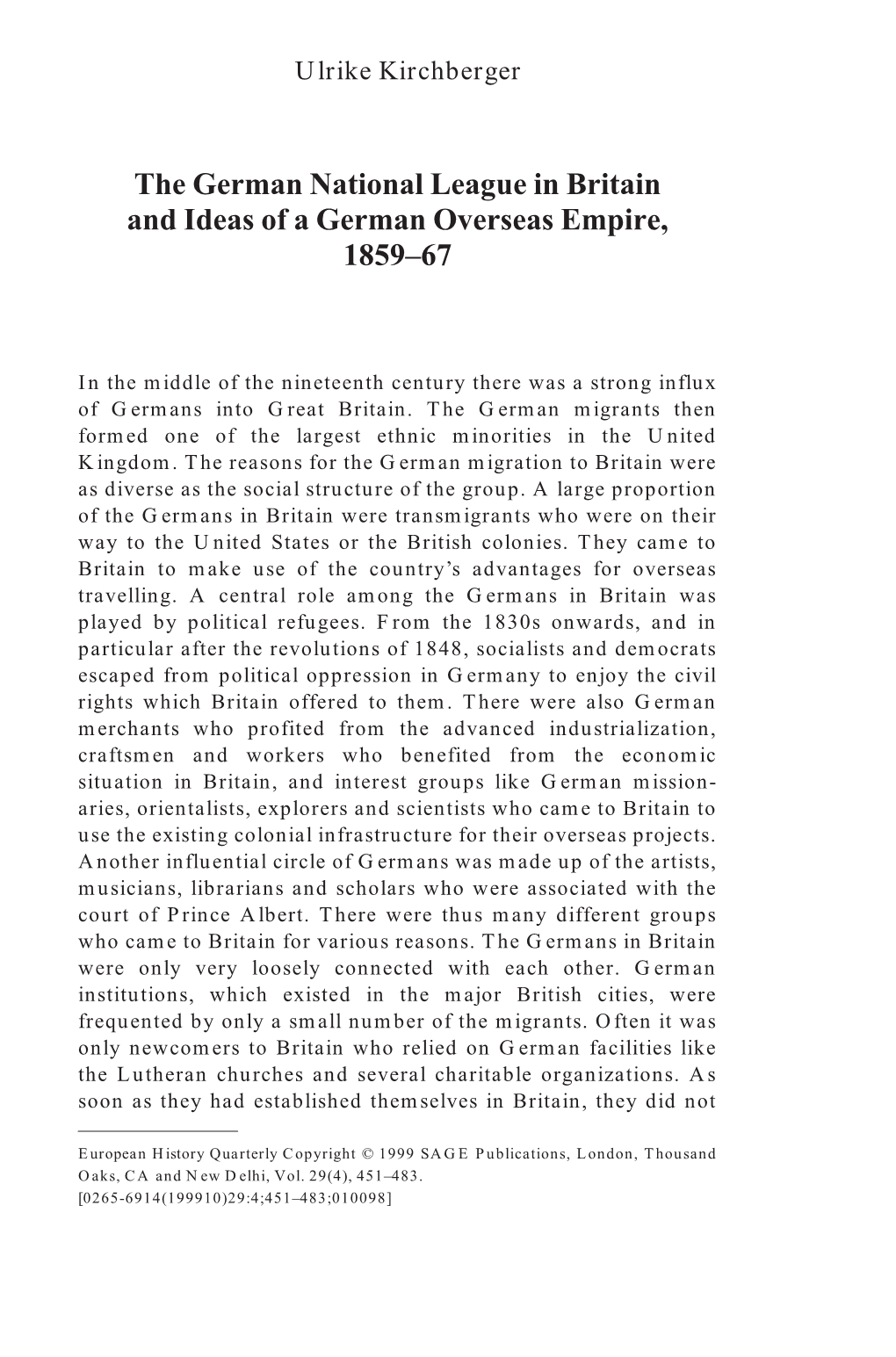 The German National League in Britain and Ideas of a German Overseas Empire, 1859–67