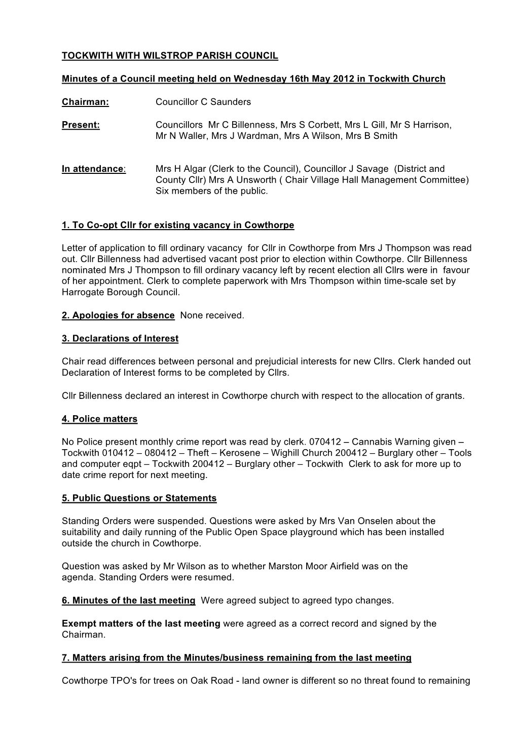 TOCKWITH with WILSTROP PARISH COUNCIL Minutes of a Council