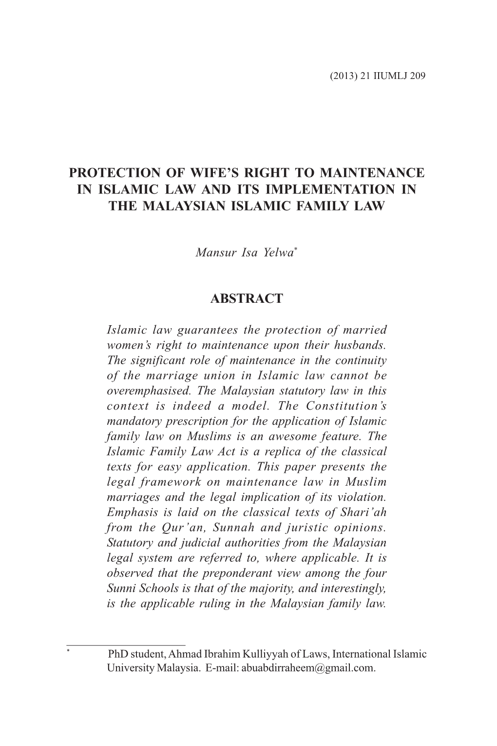 Protection of Wife's Right to Maintenance in Islamic Law and Its