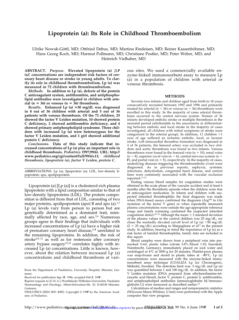 Lipoprotein (A): Its Role in Childhood Thromboembolism