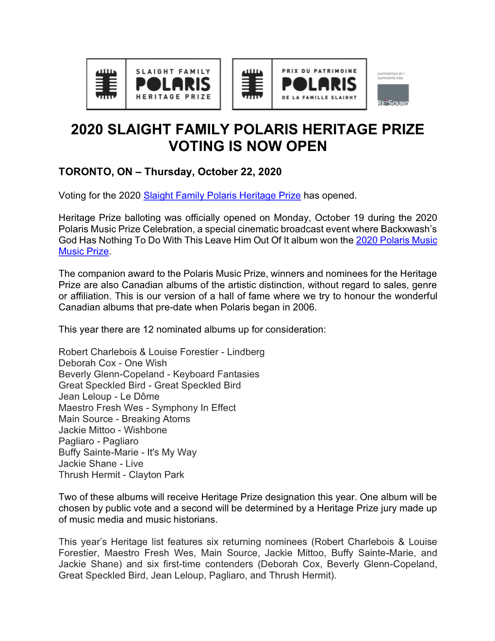 2020 Slaight Family Polaris Heritage Prize Voting Is Now Open