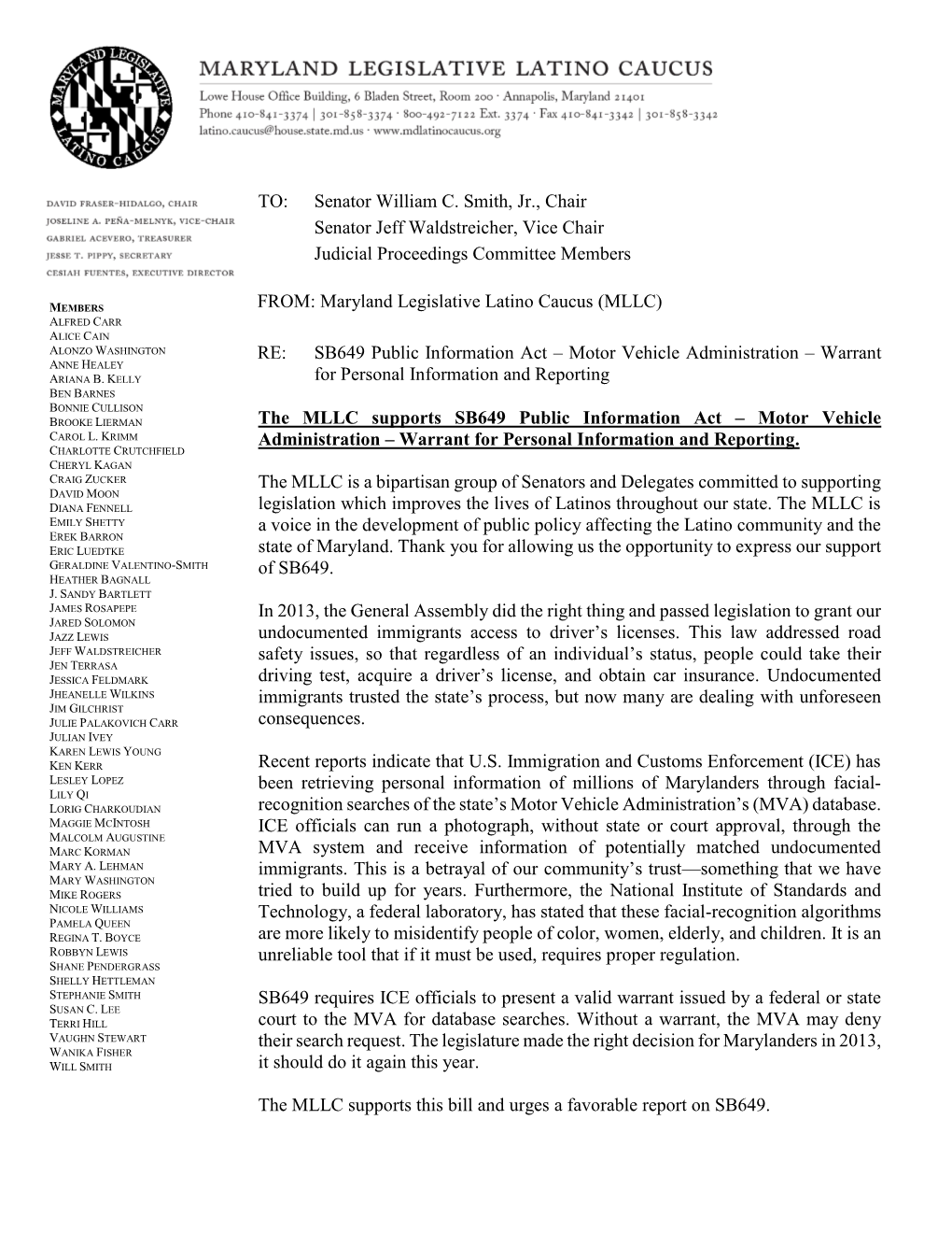 TO: Senator William C. Smith, Jr., Chair Senator Jeff Waldstreicher, Vice Chair Judicial Proceedings Committee Members FROM