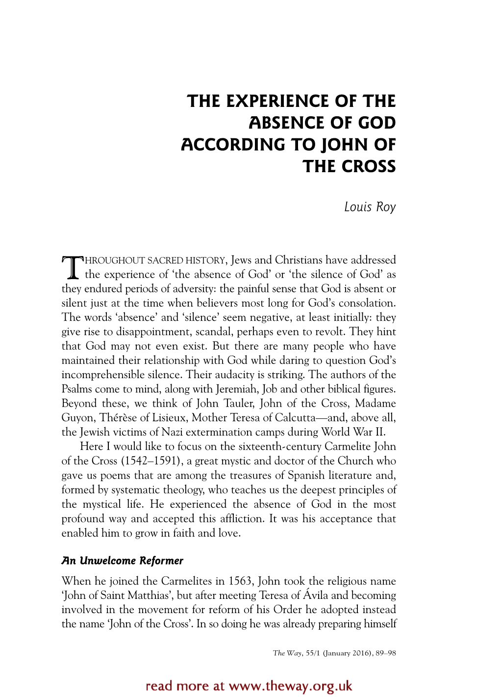 The Experience of the Absence of God According to John of the Cross