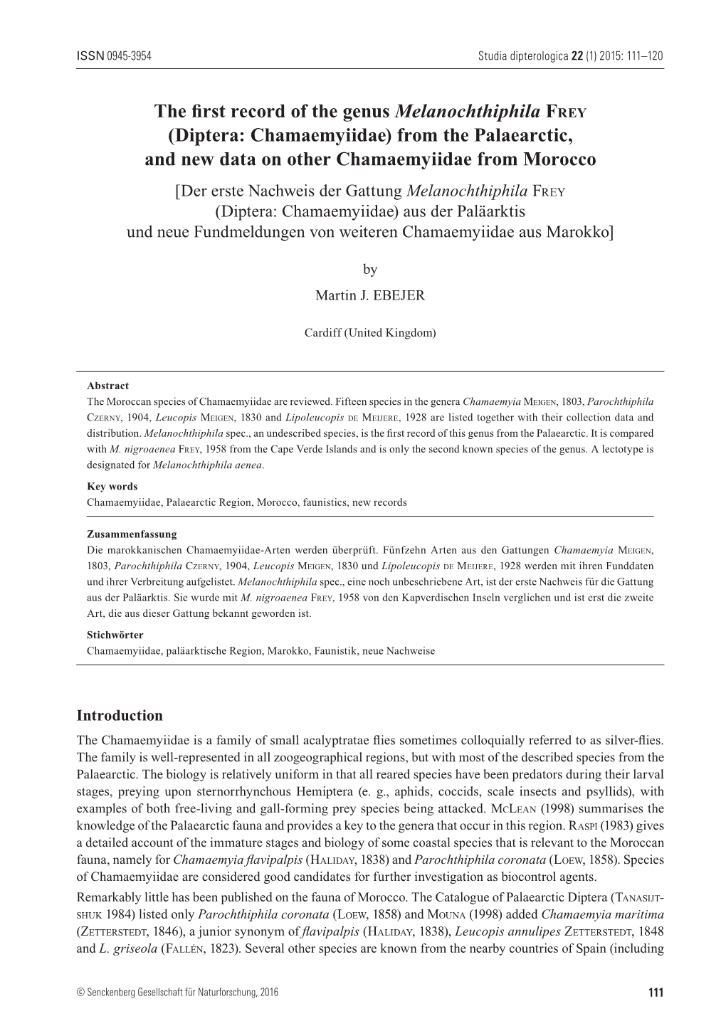 (Diptera: Chamaemyiidae) from the Palaearctic, and New Data on Other Chamaemyiidae from Morocco