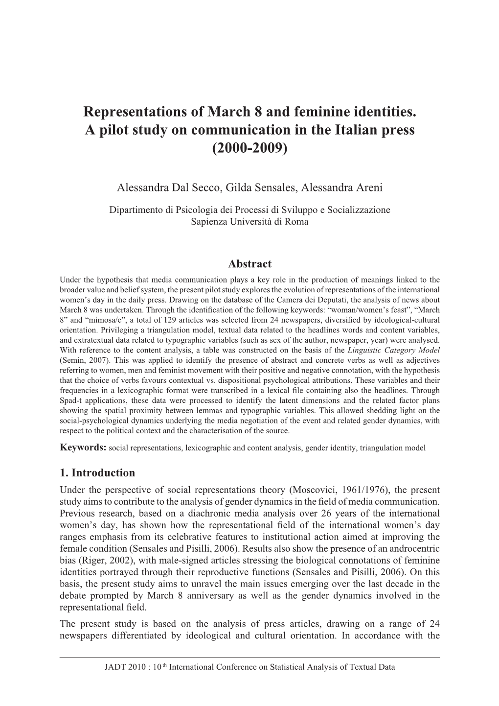 Representations of March 8 and Feminine Identities. a Pilot Study on Communication in the Italian Press (2000-2009)