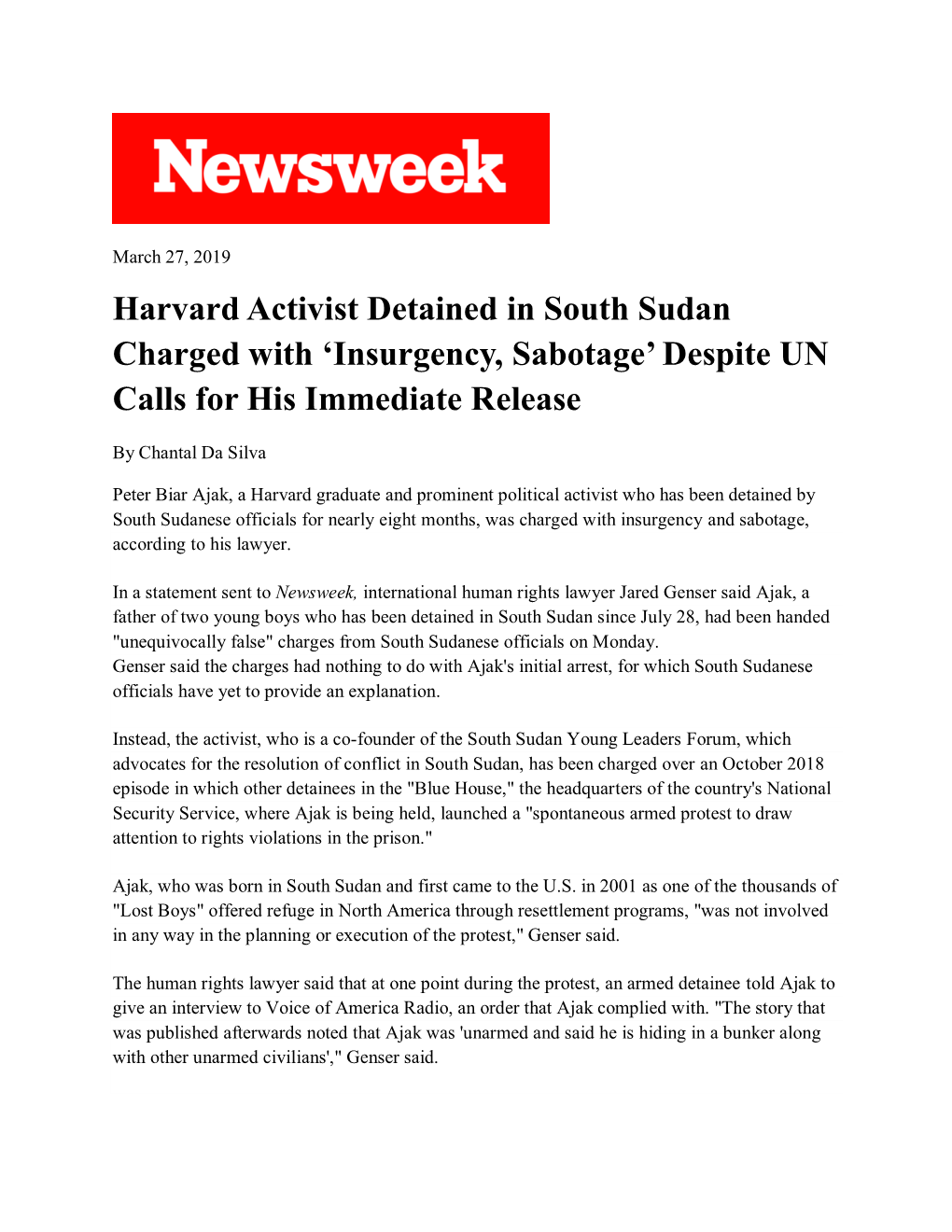 Harvard Activist Detained in South Sudan Charged with 'Insurgency