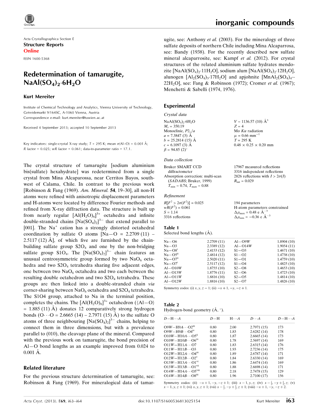 Redetermination of Tamarugite, Naal (SO4) 2· 6H2O