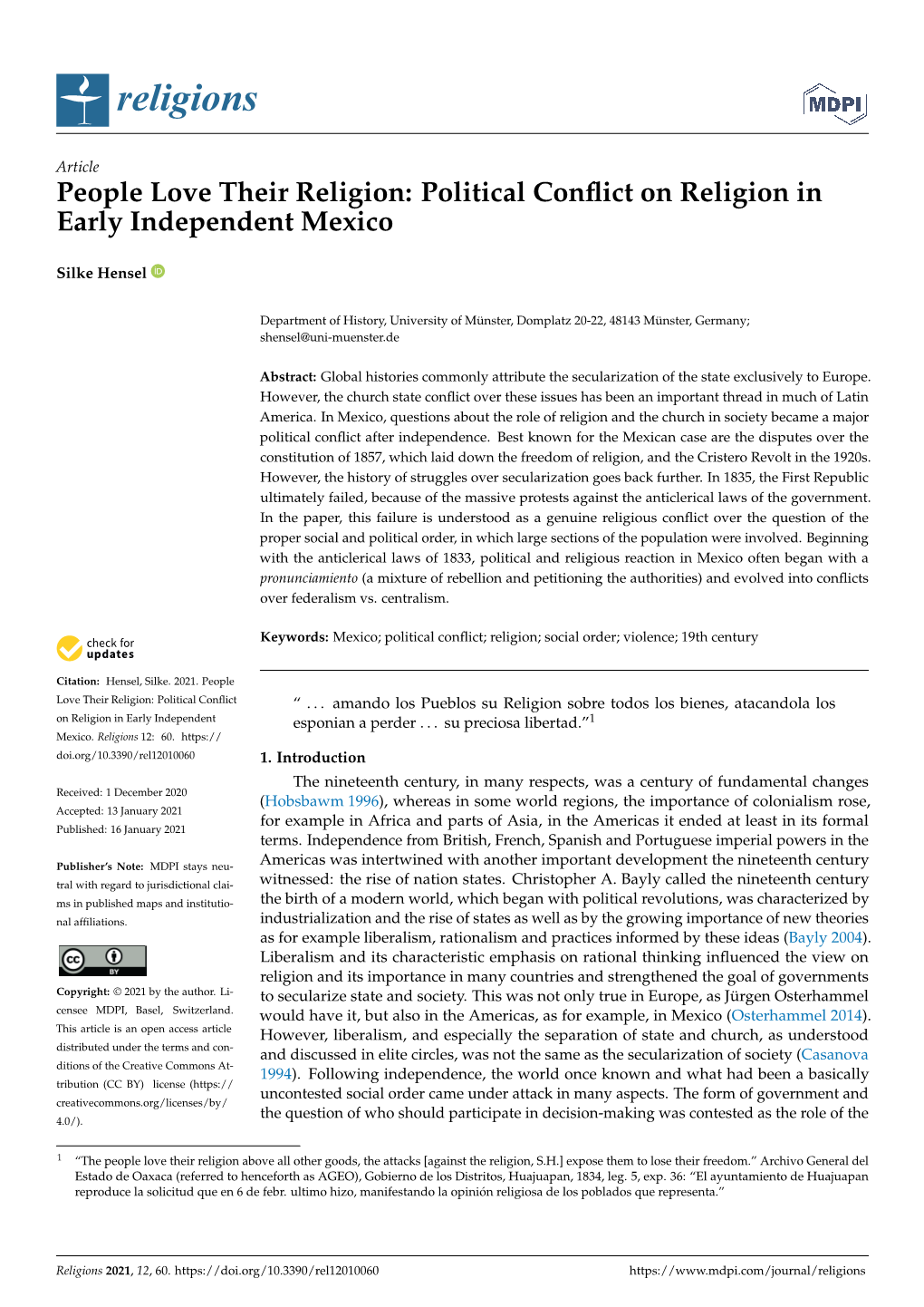 Political Conflict on Religion in Early Independent Mexico