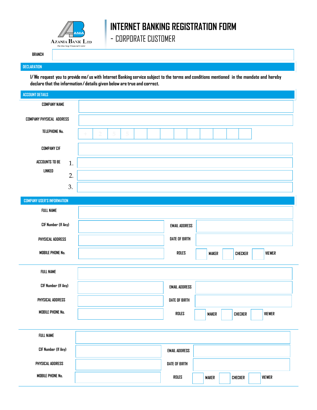 Internet Banking Registration Form - Corporate Customer
