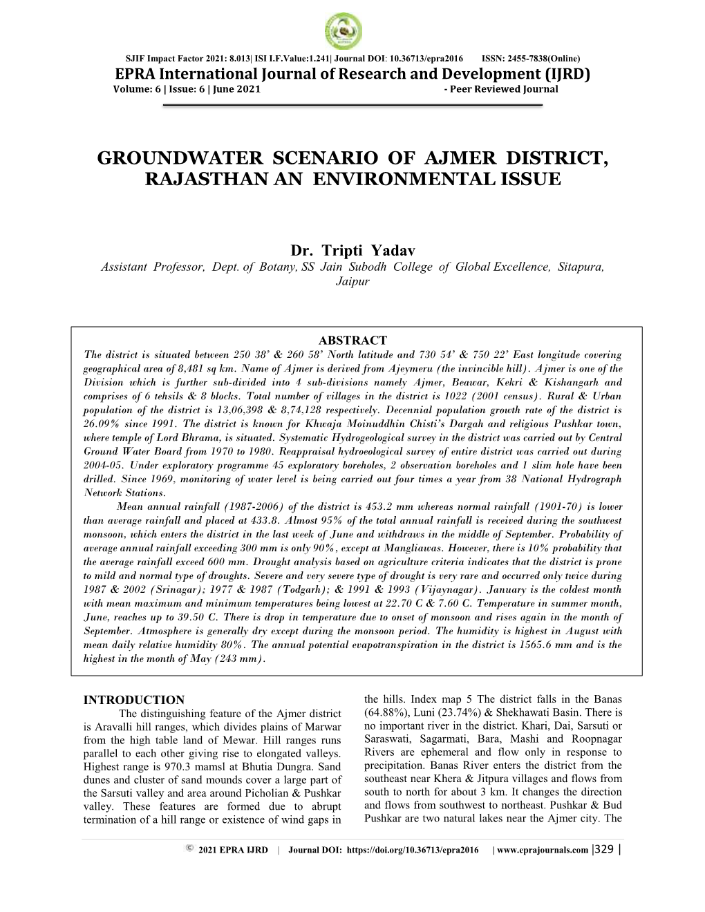 Groundwater Scenario of Ajmer District, Rajasthan an Environmental Issue