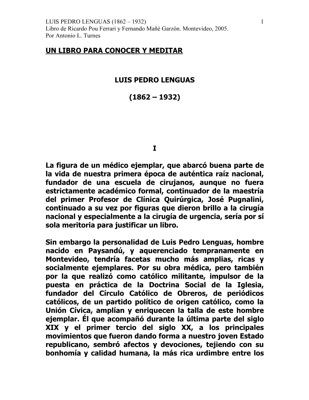 LUIS PEDRO LENGUAS (1862 – 1932) 1 Libro De Ricardo Pou Ferrari Y Fernando Mañé Garzón