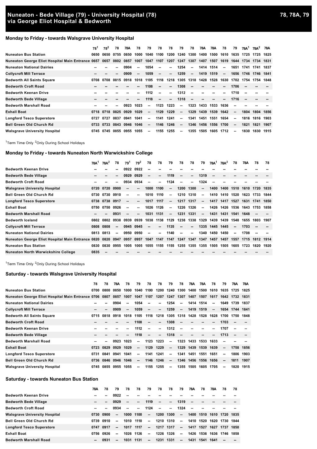 Nuneaton - Bede Village (79) - University Hospital (78) 78, 78A, 79 Via George Eliot Hospital & Bedworth