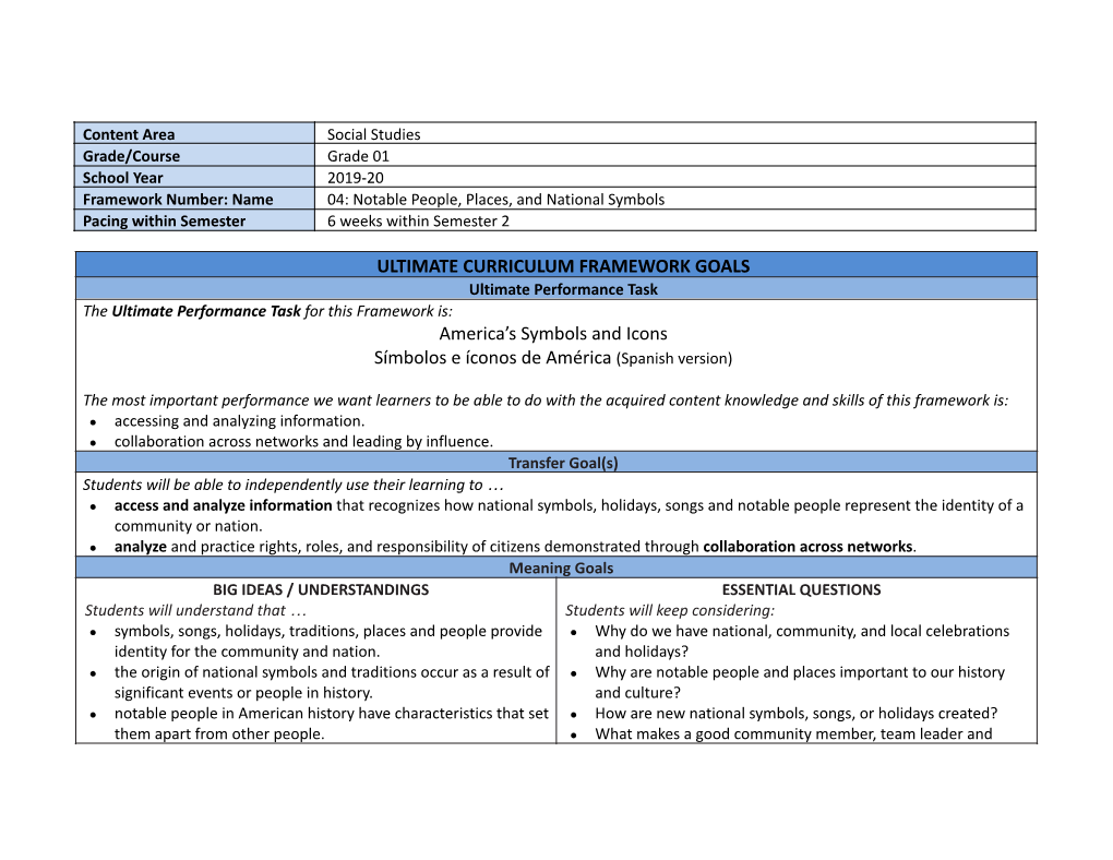 ULTIMATE CURRICULUM FRAMEWORK GOALS America's