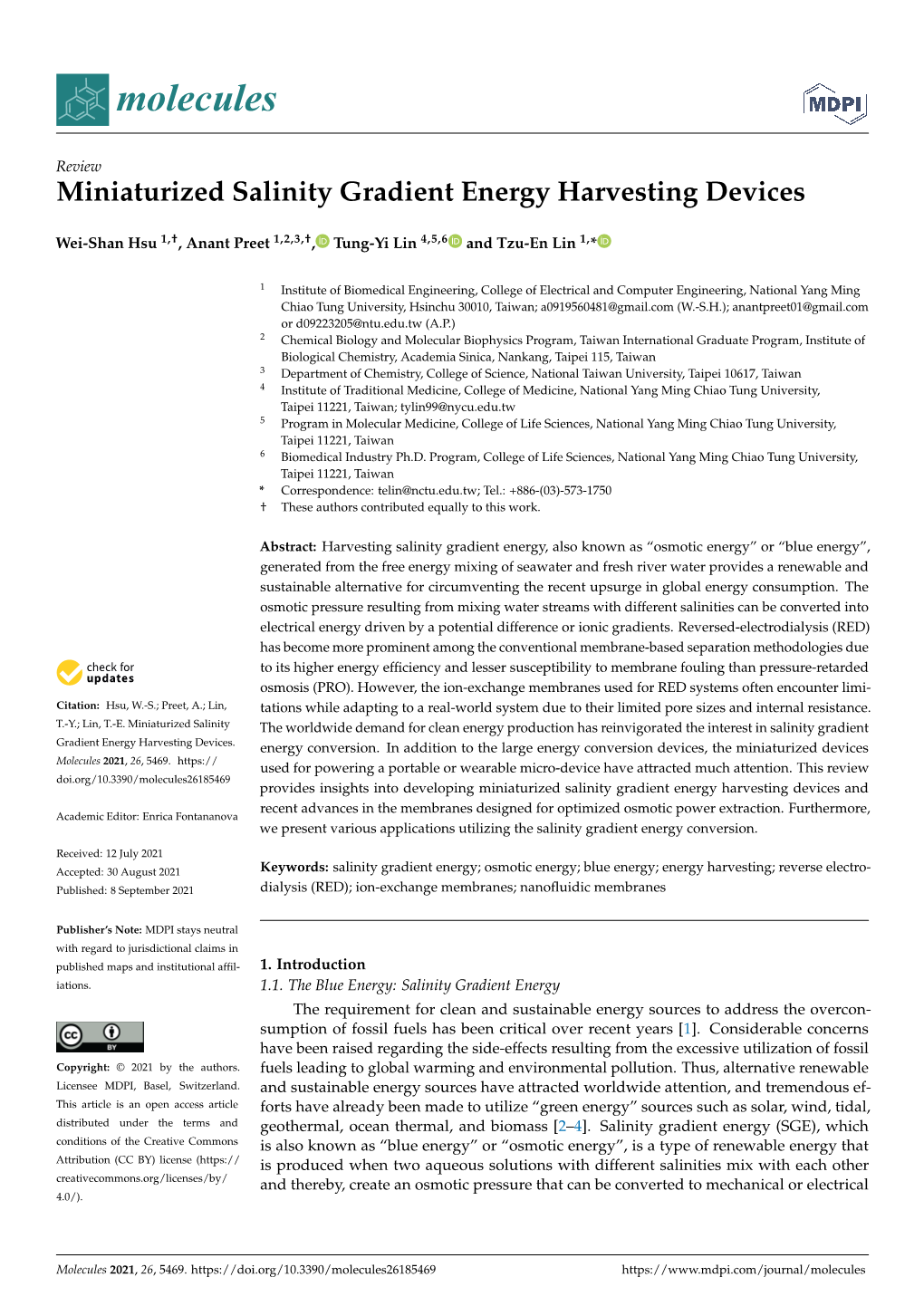 Miniaturized Salinity Gradient Energy Harvesting Devices