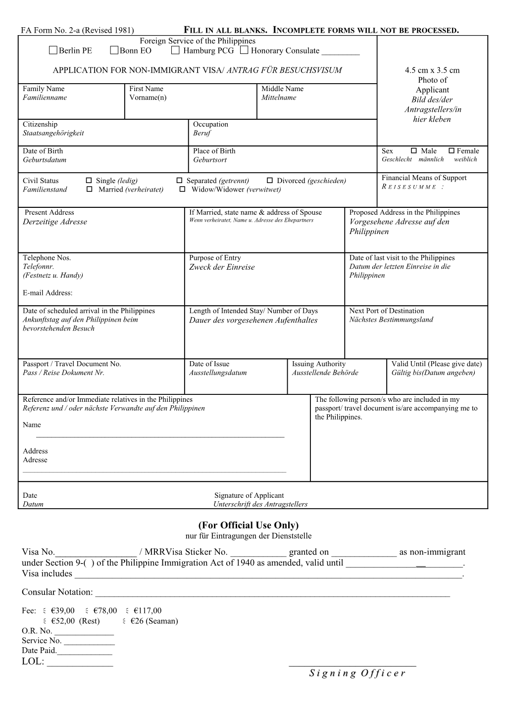 FA Form No. 2-A (Revised 1981) Fill in All Blanks. Incomplete Forms Will Not Be Processed