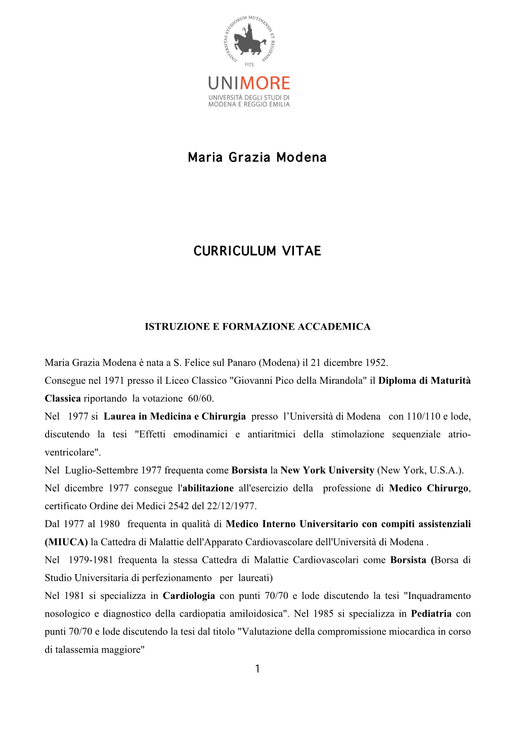 Maria Grazia Modena CURRICULUM VITAE