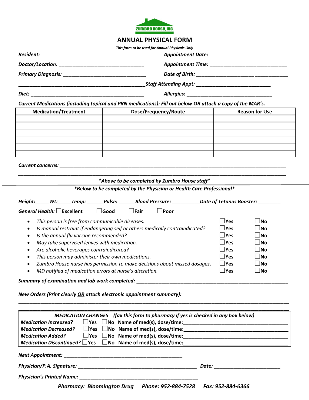 This Form to Be Used for Annual Physicals Only